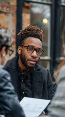 Wall Mural - A mid-30s African American man with twists and a beard sits outdoors, deep in thought, possibly working on a document, in an intimate and focused setting with two blurred figures nearby.