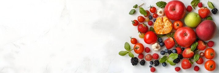 Poster - Overhead view of a visually striking arrangement of various ripe vibrant fruits casually scattered across a smooth white marble surface