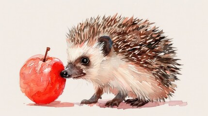 Canvas Print - A close-up of a hedgehog's face sniffing an apple on a white surface