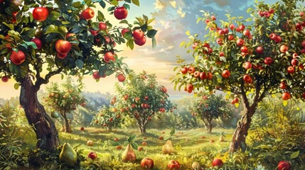 Sticker - A serene apple orchard with ten trees full of ripe apples under a cloudy sky. Scattered apples on green grass and a basket hint at recent picking.