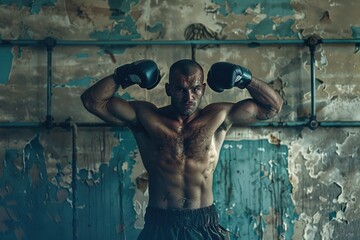 Poster - A person wearing boxing gloves on their head, no shirt