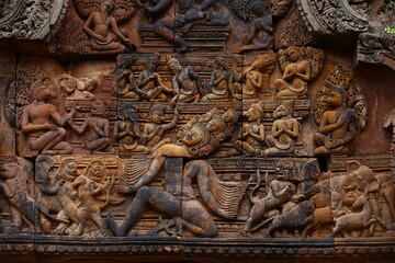 Wall Mural - Beautiful pink sandstone castle Angkor Banteay Srei Temple near Siem Reap, Cambodia 