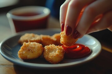 Poster - A person dipping ketchup onto their food on a plate