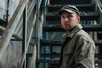 Poster - A person standing in front of a staircase with steps leading up and down