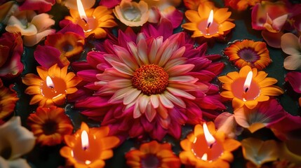 Poster - A group of candles surrounded by fresh flowers in a decorative bowl