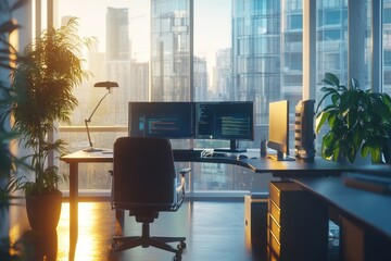 Wall Mural - A modern office setup featuring a desk with two computer monitors and a small potted plant