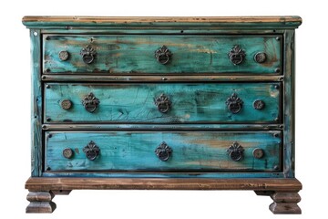 Poster - A vintage-style chest of drawers with blue and green paint, featuring ornate knobs