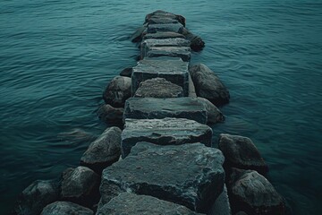 Poster - A long stone walkway stretches across a serene body of water, perfect for a peaceful atmosphere or scenic landscape