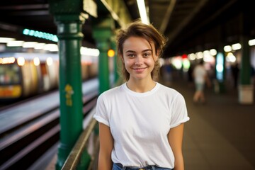 Sticker - Portrait of a happy woman in her 20s wearing a sporty polo shirt while standing against bustling city subway background