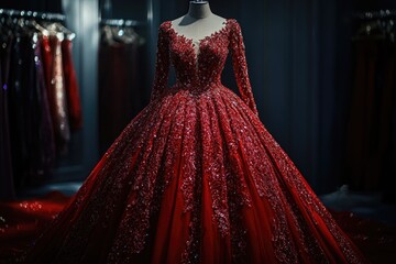 Poster - A red dress displayed on a mannequin in a store window