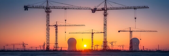 Poster - Silhouetted Cranes and Scaffolding at a New Construction Site Highlighting the Progress and Modernization of the Urban Landscape Against the Backdrop of the Sky