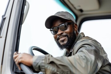 Poster - A person wearing a hat and glasses behind the wheel of a vehicle