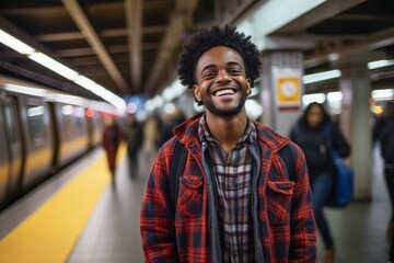 Portrait of a grinning afro-american man in his 20s wearing a comfy flannel shirt over bustling city subway background