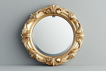 Poster - A decorative mirror with a golden frame sitting on a neutral gray background