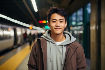 Wall Mural - Portrait of a content asian man in his 20s dressed in a comfy fleece pullover over bustling city subway background