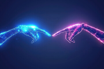 Poster - Two stylized hands reaching out in a digital representation of connection and creativity