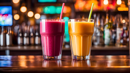 Colorful smoothies in glasses at the bar counter, stock photo