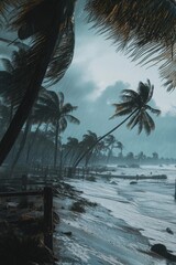 Poster - A person walks along a beach during a rainy day, with waves crashing against the shore