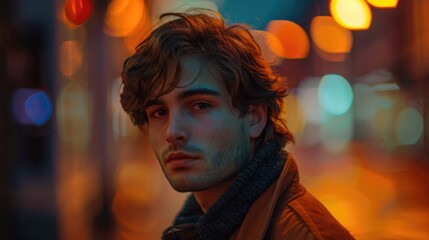 Leinwandbilder - A person walking alone on a busy city street under bright streetlights