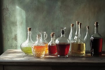 Aufkleber - Various chemicals arranged on a table, ideal for educational or scientific purposes
