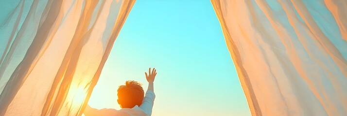 Poster - Sunlight Streaming Through Sheer Curtains Creating a Cozy and Peaceful Home Ambiance with Warm Glow and Gentle Illumination in a Minimalist Interior Design