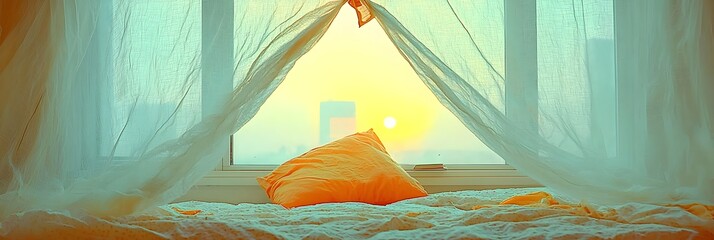 Poster - Sunlight Streaming Through Sheer Curtains Evoking a Sense of Home Comfort Warmth and Tranquility  Peaceful and Relaxing Atmosphere in a Cozy Modern Interior Space