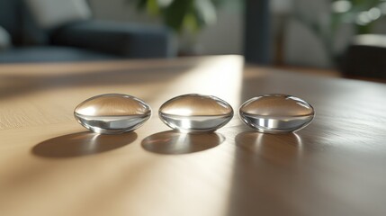 Aufkleber - Three transparent glass spheres sit on top of a wooden table, providing a minimalist and elegant setting