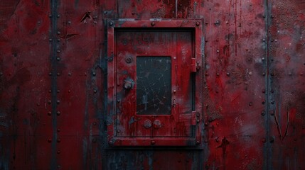 Poster - A close-up shot of a red metal door with visible rivets, suitable for industrial or sci-fi themed contexts