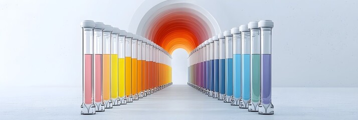 Poster - Symmetrical arrangement of various colorful medical test tubes vials and laboratory equipment in a professional research or healthcare setting conveying the concept of scientific analysis