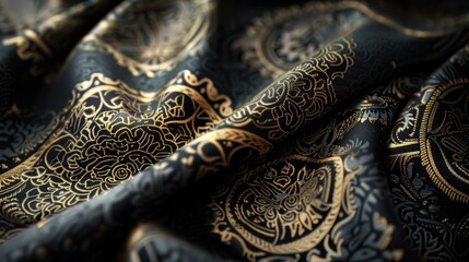 Sticker - A close-up shot of a black and gold patterned fabric