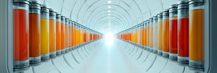 Poster - Symmetrically arranged medical test tubes filled with vibrant colored liquids in a professional laboratory setting representing scientific research medical analysis and diagnostic testing