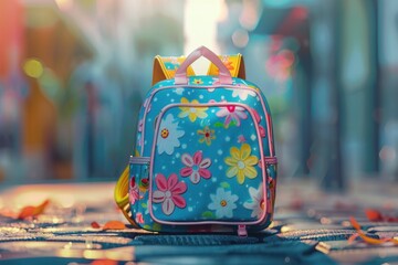 Wall Mural - A brightly colored backpack sits on the ground, ready for adventure