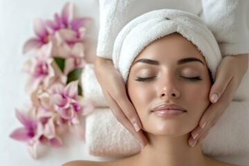 Wall Mural - Relaxing moment at a spa salon, where a woman is receiving a professional facial massage