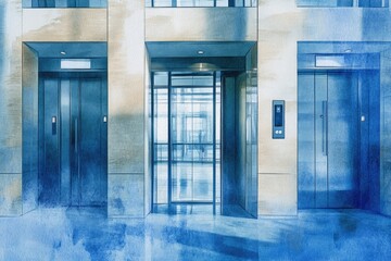 Aufkleber - Architecture photo of a modern building with two elevators, suitable for real estate or infrastructure use