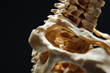 Poster - A close-up shot of a human skeleton against a dark, black background