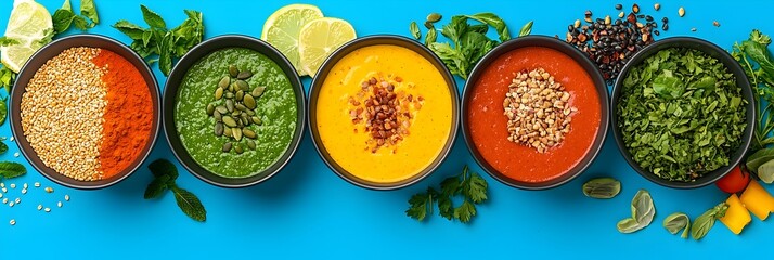 Aufkleber - Top view of a smoothie bowl filled with a vibrant arrangement of healthy toppings including berries granola nuts and herbs  The symmetrical layout creates a visually appealing