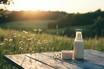 Wall Mural - A simple scene of a bottle of milk placed on a wooden table, perfect for use in food, drink or everyday life scenes