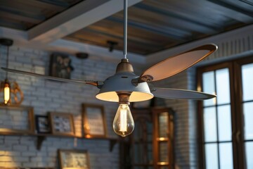 Poster - A ceiling fan with a light hanging from it, suitable for interior design and home decor projects