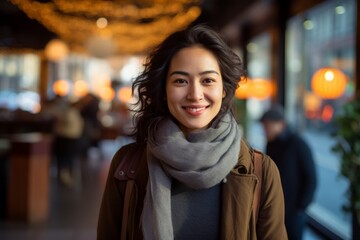 Wall Mural - Portrait of a jovial asian woman in her 30s showing off a thermal merino wool top in front of bustling restaurant background