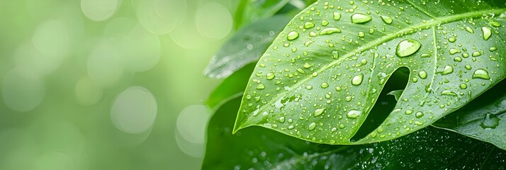 Poster - Vibrant tropical leaves glistening with delicate dewdrops creating a serene and calming spa like atmosphere  This natural organic image evokes a sense of tranquility and wellness