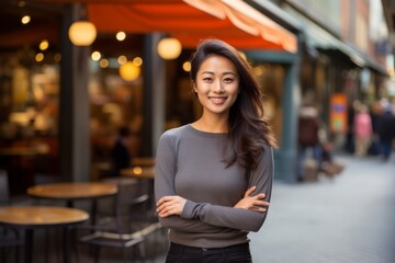 Sticker - Portrait of a jovial asian woman in her 30s showing off a thermal merino wool top in bustling restaurant background