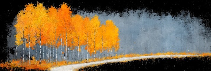 Poster - Winding footpath through a lush colorful autumn forest with vibrant red yellow and green leaves scattered across the ground  Peaceful serene landscape scene in a natural forest setting