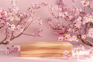 Poster - A wooden box surrounded by a bouquet of pink flowers