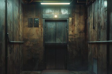 Poster - A metal door in a dark room with a light