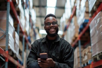 Aufkleber - A person standing in an industrial warehouse holding a mobile device