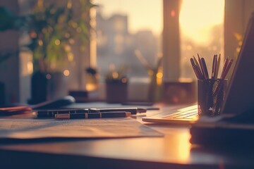 Wall Mural - A laptop computer sitting on a wooden desk with minimalistic surroundings