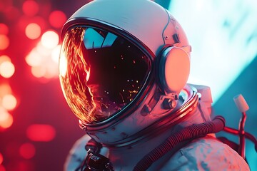 Wall Mural - a futuristic astronaut helmet reflecting vibrant lights and sparks.