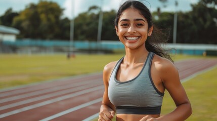 young indian woman in crop top jogging on track field. fitness banner with copy space, active lifestyle, physical training, workout motivation