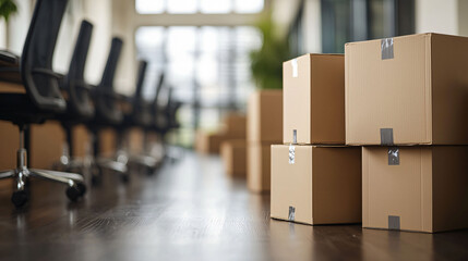 Poster - Neatly stacked moving boxes beside office chairs create organized workspace atmosphere, reflecting preparation for relocation or storage