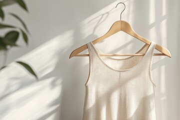 Poster - A white tank top hanging on a wooden hanger, ready for use